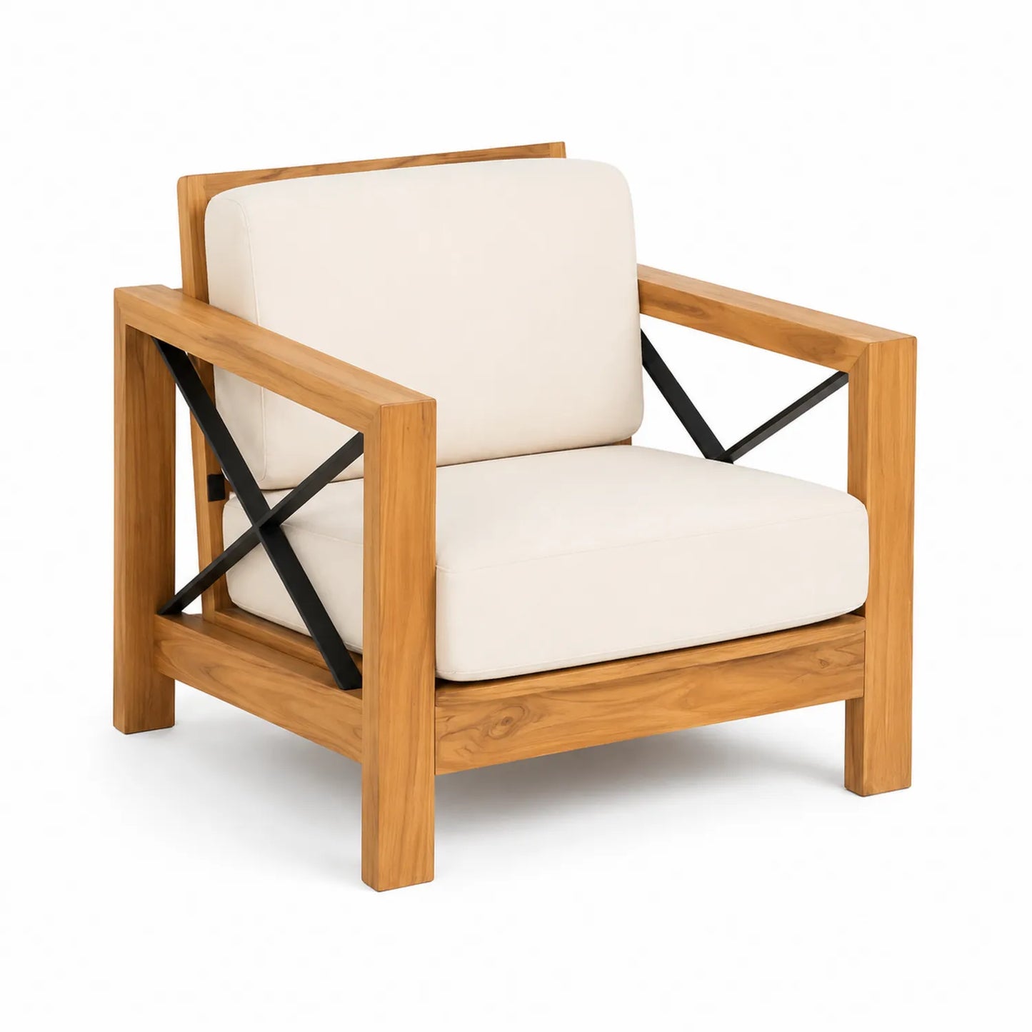 Sessel aus Teakholz und Metall mit Creme-Polsterung 80x70x75 cm
