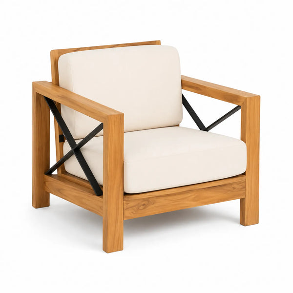 Sessel aus Teakholz und Metall mit Creme-Polsterung 80x70x75 cm