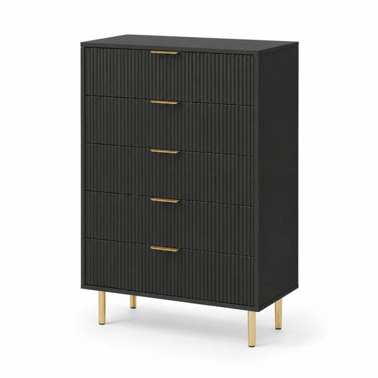 Schwarze MDF-Kommode mit 5 Schubladen und Metallgriffen