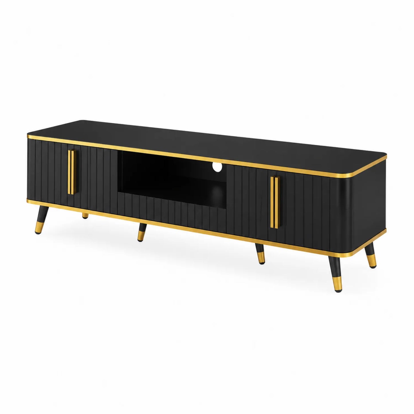 Schwarzes TV-Möbel mit goldenen Akzenten, 160 cm Länge, Holz